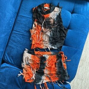 NWOT cute orange & black FashionNova skirt & tank vacation set (size S)